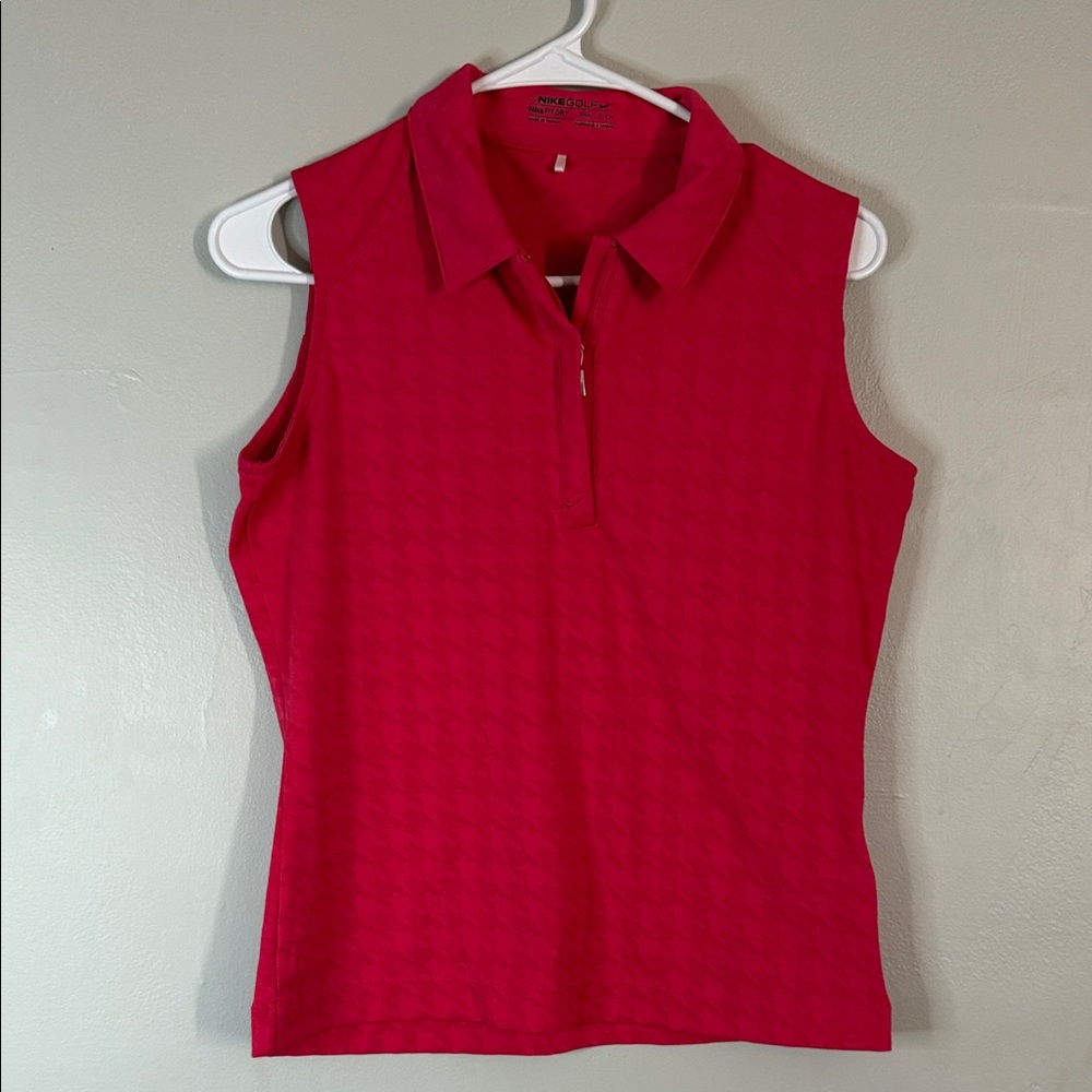 Nike Golf FitDry Sleeveless Polo Shirt Pink Jacquard Zip Front - Size Small